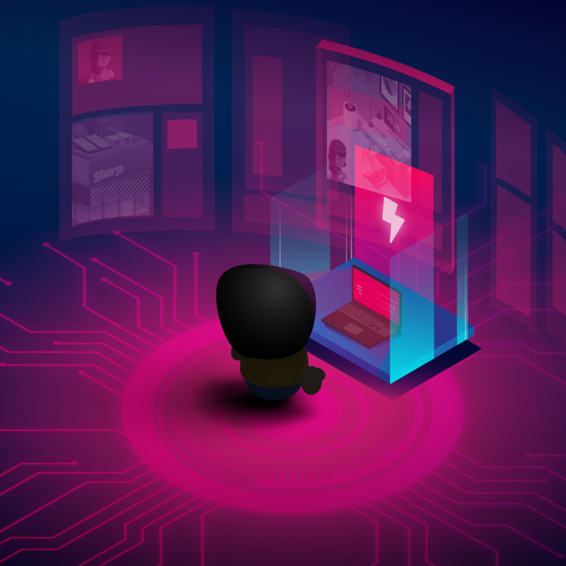 Illustration einer Person vor einem geschützten Laptop