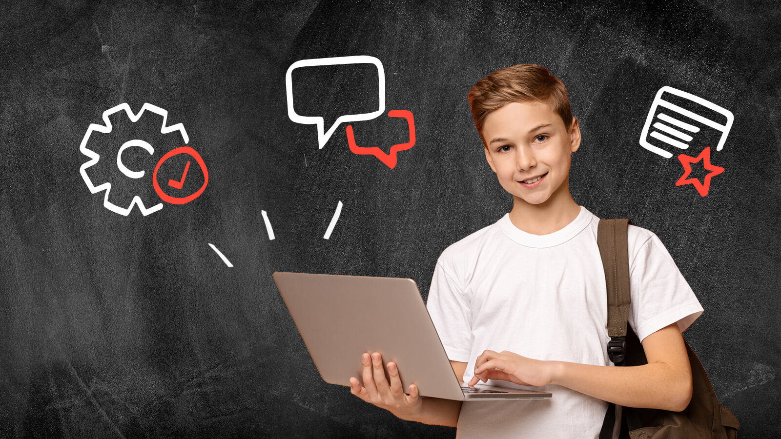 School child uses laptop in front of chalkboard