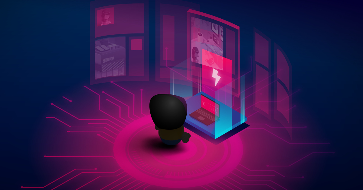 Illustration einer Person vor einem geschützten Laptop