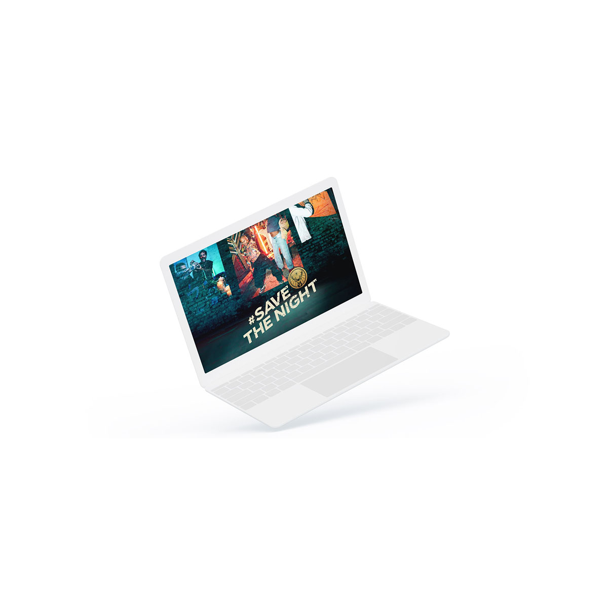 Laptop mit Kampagnenmotiv und Schriftzug "Save the Night" von Jägermeister