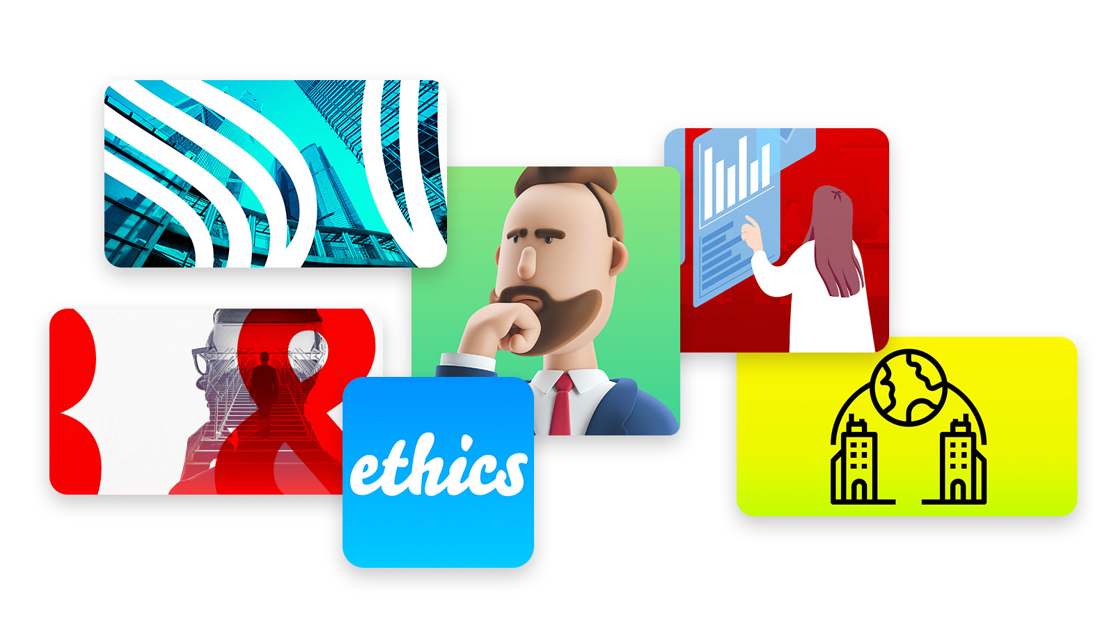 Collage mit Themen aus Wirtschaft und Compliance