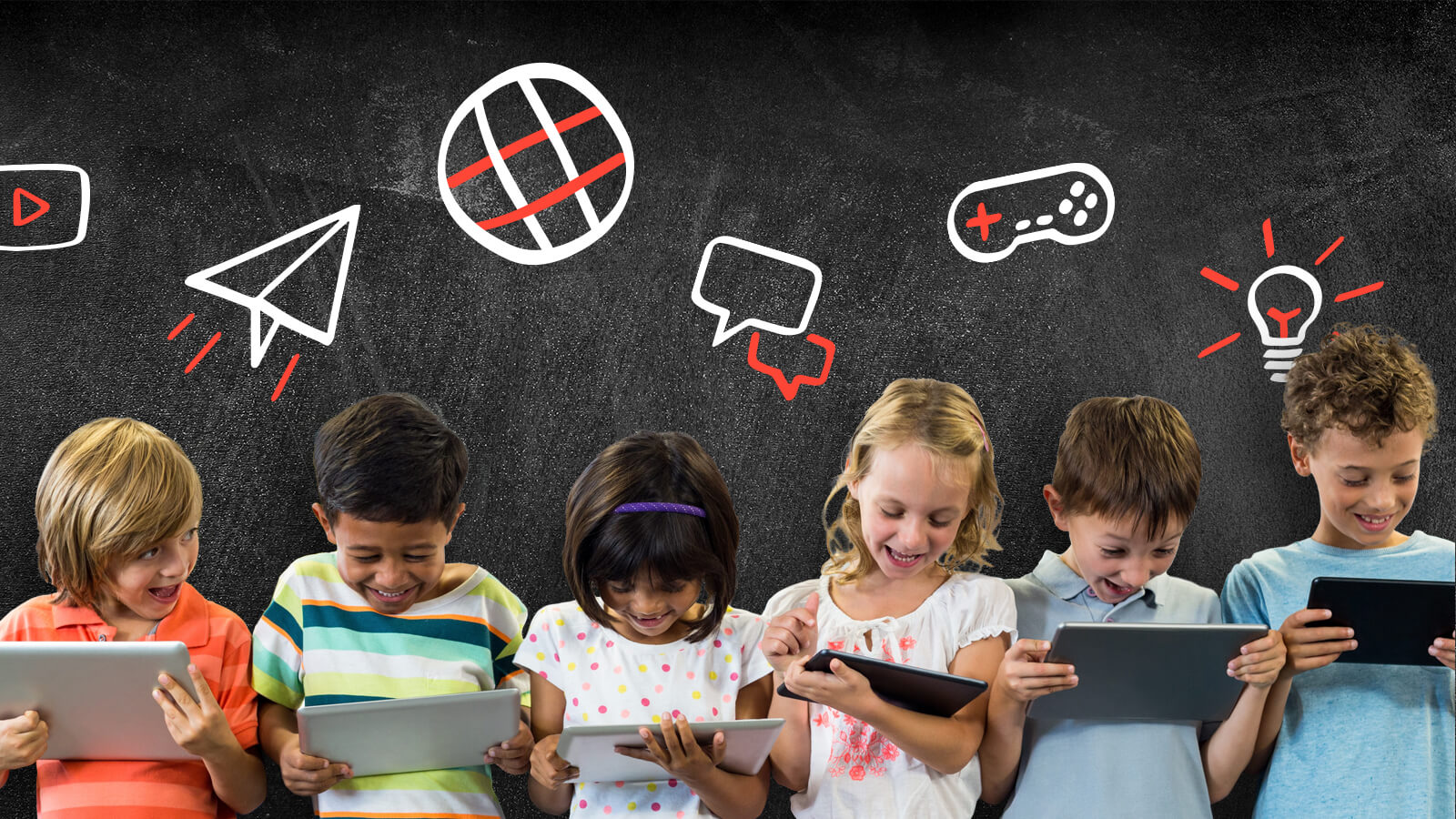 line of children on digital devices with chalk illustrations behind them