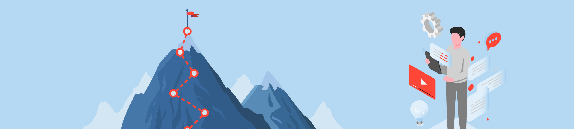 illustration of mountain with a journey and a person with screens