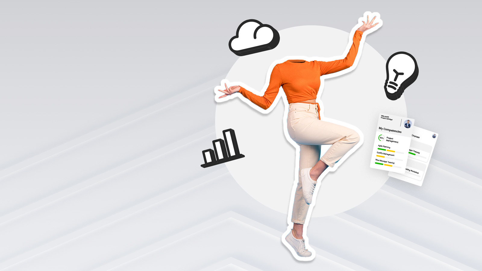headless person juggling icons associated with learning suites
