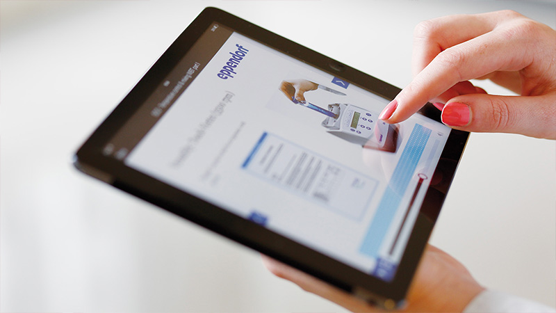 Eppendorf employee undertaking pharma compliance training on tablet